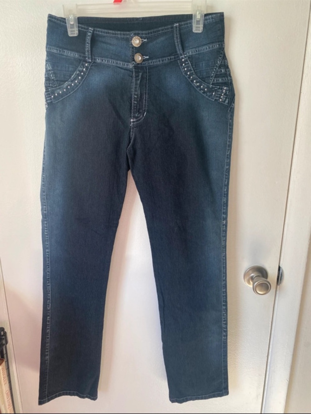 Straight Leg Women's Jeans in Dark Blue with Studded Pockets